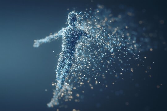 Nanobot swarm forming a humanoid shape, tiny glowing particles, blue and silver, dark background, microscopic futuristic concept