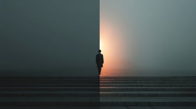 Man Walking Towards Light in Fog on Abstract Staircase Background