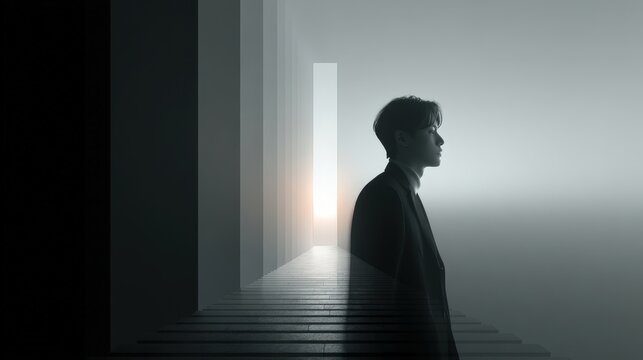 Contemplative Man in Elegant Surrounding with Light and Shadows