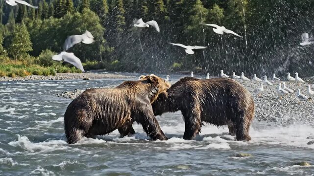 Powerful Grizzly Bear Encounter featuring two brown bears roaring and fighting in a shallow river with seagulls and forest background ideal for wildlife documentaries and nature conservation videos.