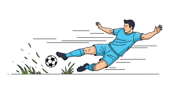 A dynamic view of a defender executing a perfect sliding tackle to intercept the ball, stylized grass particles, horizontal motion blur effect, bold clean lines, minimalist flat vector artwork,