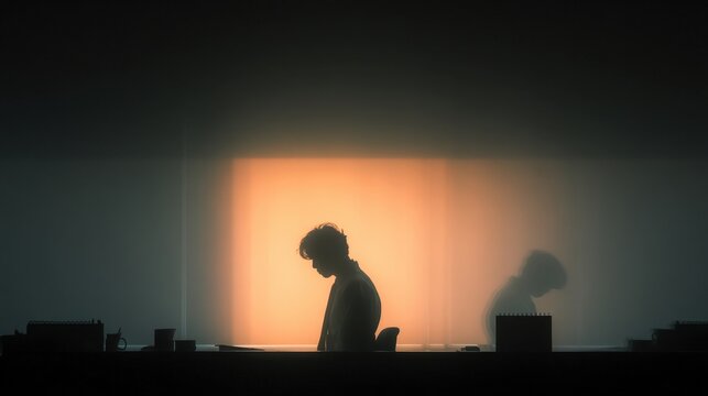 Contemplative Silhouette in Soft Light at an Office Workspace