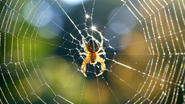 Majestic Spider in Dewy Web, close-up of an orb-weaver resting in the center of a glistening web with morning sunlight and bokeh background, ideal for nature documentaries.