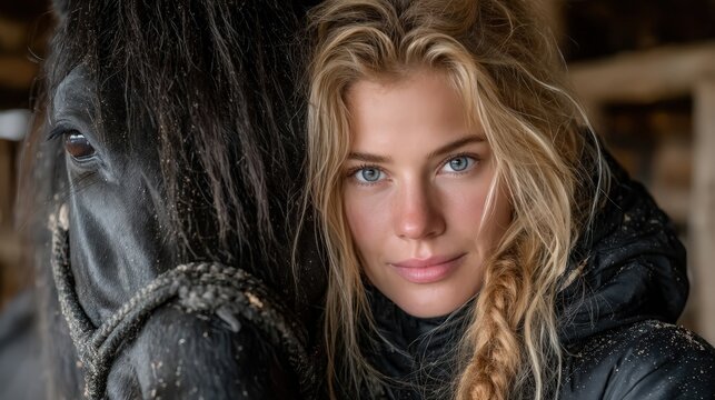 Close-Up Portrait of a Woman with a Horse in a Barn Setting