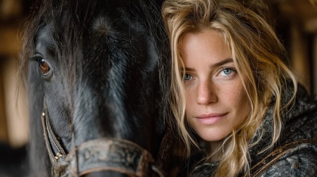 Close-Up of Woman with Long Blonde Hair and Black Horse