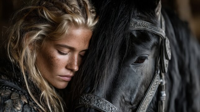 Serene Connection Between Woman and Horse in Rustic Setting