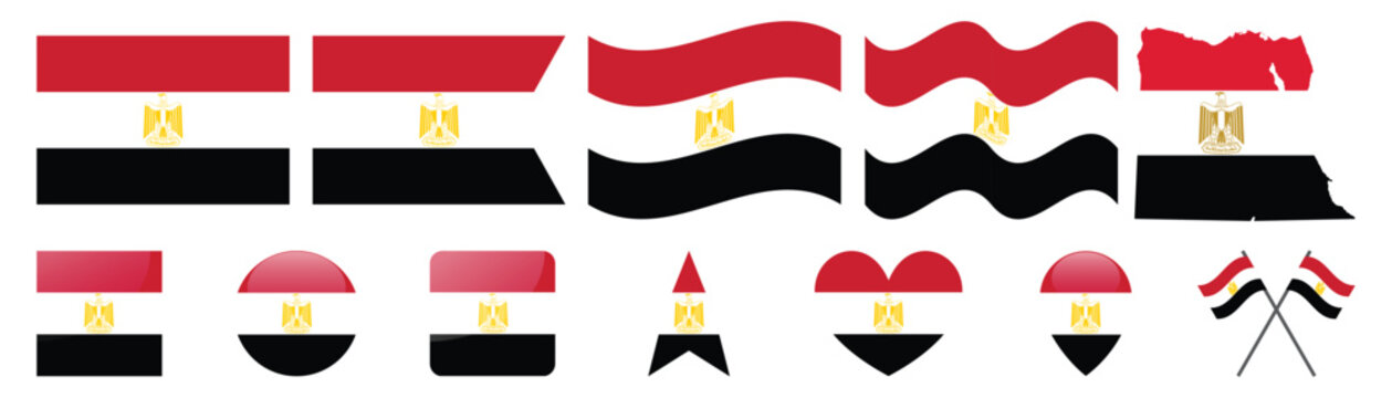 Egypt flag set with national colors and coat of arms in various shapes including maps hearts and stars.