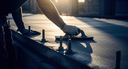 Obraz premium Craftsman Smoothing Concrete Surface With A Trowel During Sunset Hour