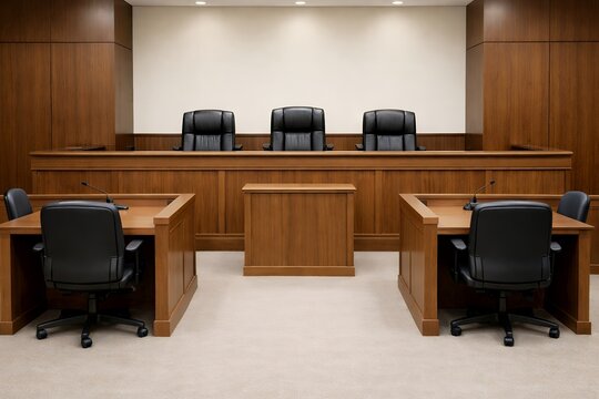 Empty Modern Courtroom with Judge's Bench and Tables