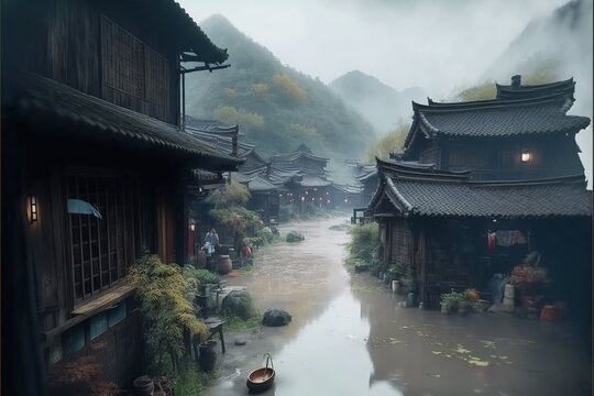 Wooden houses in small mountain villages in China seen after a heavy rain storm, fog, flooded