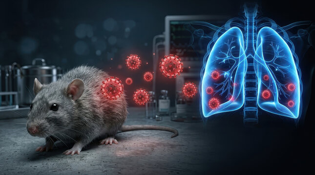 An illustrative rendering of a laboratory rat as a viral host, with viruses spreading to a glowing 3D human lung model.