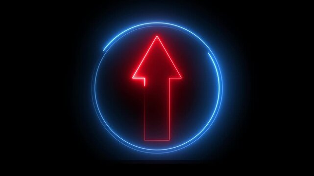 Glowing neon red and blue color direction up arrow sign icon animation journey information road sign signal circle sign symbol on black background