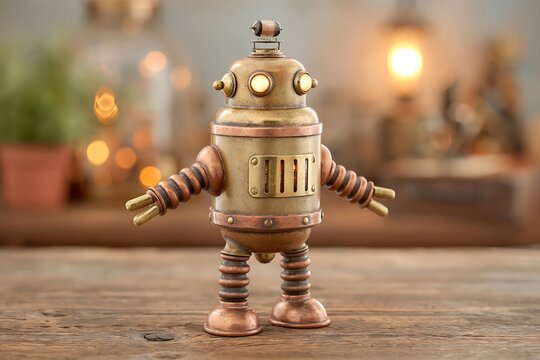 Robot with retro-futuristic design, brass and copper finish, vacuum tube details, steampunk lab background, warm amber lighting