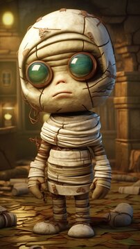 A lonely mummy character radiates sadness and charm in a Halloween cartoon style.