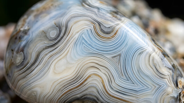 Polished agate stone with blue and grey wavy patterns, macro shot of banded chalcedony gemstone, natural mineral texture with organic curved lines