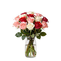 Fototapeta premium Roses of varied colors are displayed in a transparent glass vase on a white background