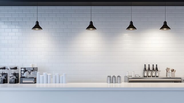 A white wall in a restaurant. Hyper realistic photograph. Minimalist clean coffee shop or cafe interior with espresso machine and white brick wall.