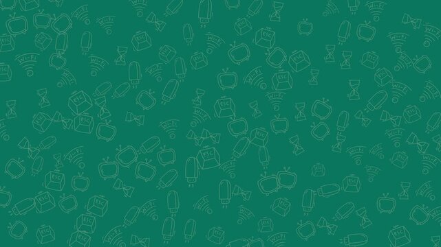 Dynamic seamless loop background featuring a random pattern of hand-drawn technology and education icons on a dark green chalkboard-like surface. Perfect for presentations, educational content, or