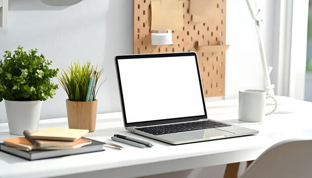 Modern home office desk setup with laptop, notebooks, plants, and pegboard, clean and bright workspace, perfect for remote work or study