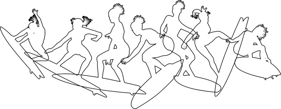 Surfer surfboard boarding female surfers surfing silhouette outlines. Women surf group design concept.