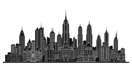 Obraz premium Black and white city skyline silhouette, modern urban architecture