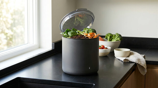 Sleek Smart Kitchen Composter Turning Vegetable Scraps into Soil