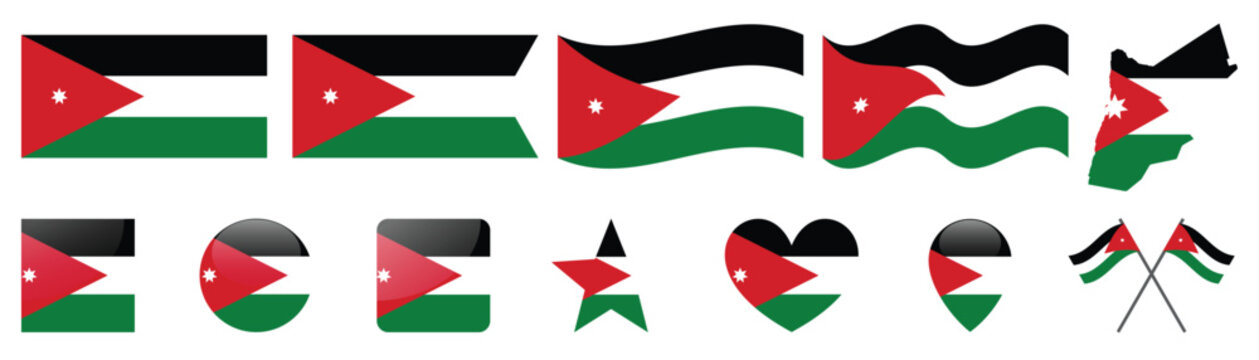 Jordan national flag icons and map silhouettes collection.