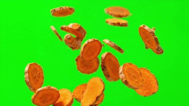 Fresh Turmeric Slices Falling in Slow Motion on Green Screen Chroma Key Background, Organic Aromatic Curcuma Root VFX Video Template