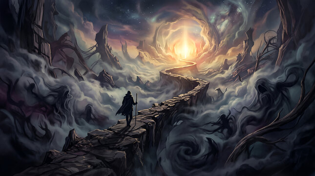 Traveler walks across a narrow stone bridge towards a glowing light amidst a mystical landscape filled with swirling dark clouds and shadows.
