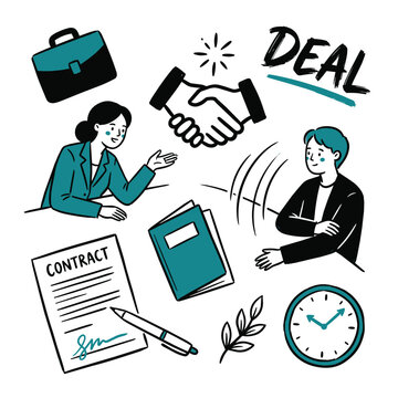 Hand-Drawn Business Negotiation and Partnership Agreement Illustration