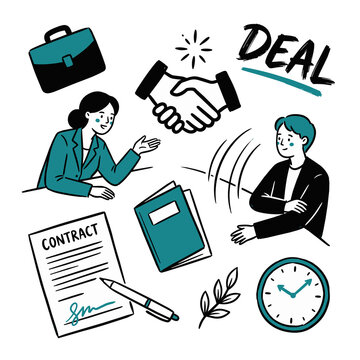 Hand-Drawn Business Negotiation and Partnership Agreement Illustration