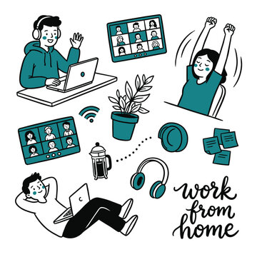 Hand-Drawn Work From Home and Remote Communication Vector Illustration