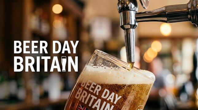 Beer day britain concept with fresh pouring draft beer in pub setting, beverage