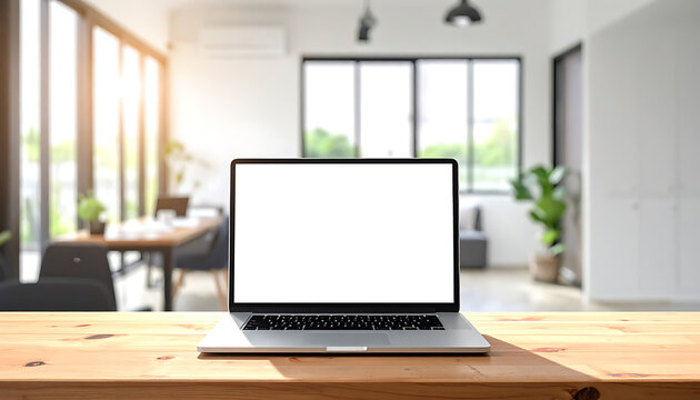 Modern laptop with blank screen on a wooden table, sunlit office background, remote work setup