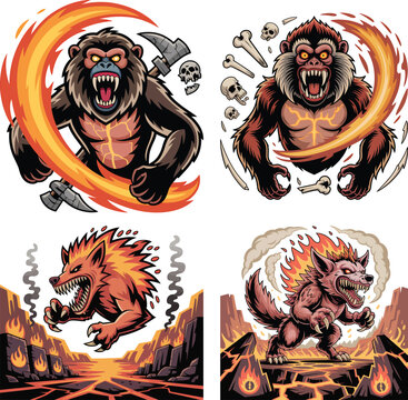 Four cartoon monsters: angry ape with axe and fire, menacing monkey with skulls and fire, fiery wolf in lava landscape, and a red wolf creature on cracked earth with fire