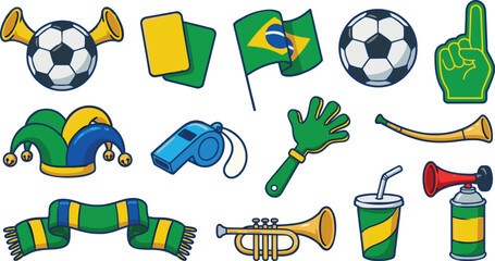 Naklejka premium Brazil soccer icons, football symbols, sports graphics, vector set