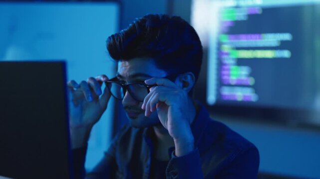Focused young male software engineer adjusts his glasses while looking seriously at a computer monitor to debug code and fix programming errors in a tech office.