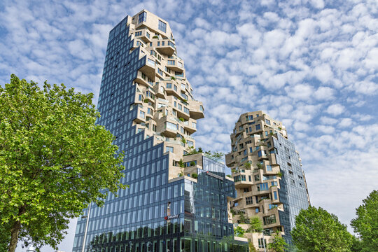 Amsterdam, Netherlands, 23 May 2026. The striking pixelated facade and green terraces of the Valley residential and office building complex in the Zuidas district.