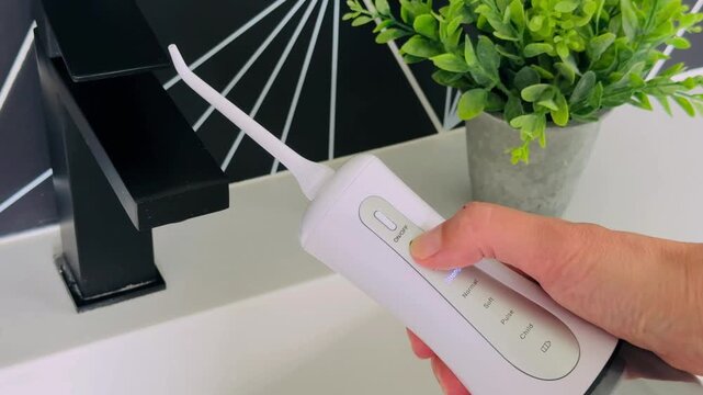 Water flosser in hand near modern faucet with green plant decoration and stylish background