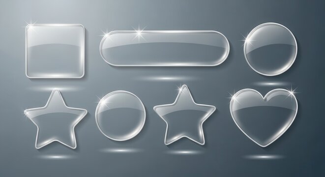Set of Glossy Transparent Glass Buttons and Plates in Various Shapes for Web and App UI Design