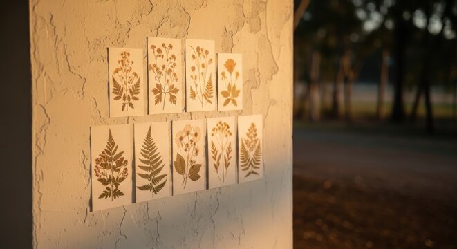 Collection of botanical prints with intricate floral and leaf illustrations displayed on a textured off-white wall.