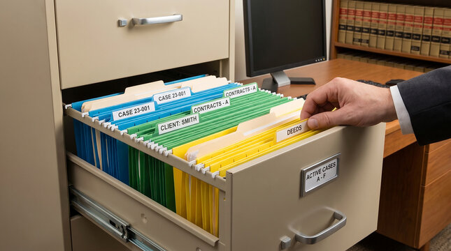 Organized legal filing cabinet with color coded folders showing deeds, contracts, and client cases symbolizing law office management documentation security and professional record keeping