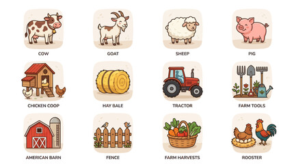 Colorful farm animals and equipment icon collection. © Dias
