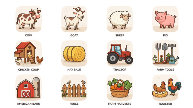 Colorful farm animals and equipment icon collection.