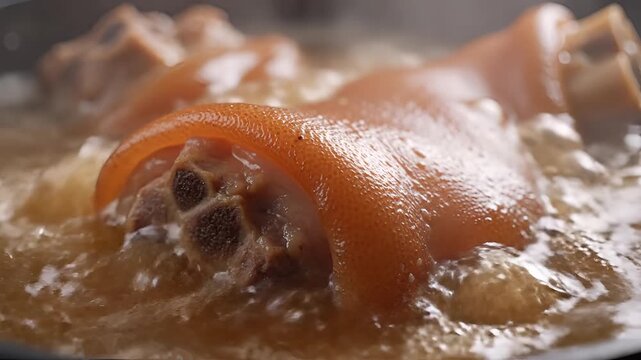 Closeup of Pork Knuckle Boiling in a Pot with Bubbles.