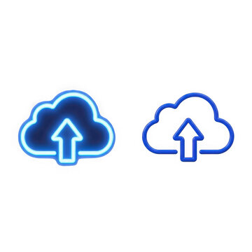 Blue cloud upload icons with glowing and linear outline style isolated on transparent background