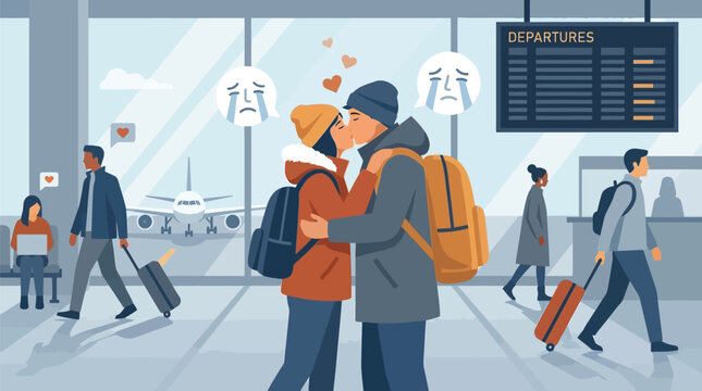 Travelers say a tearful goodbye at the airport terminal as they prepare for a long distance departure.