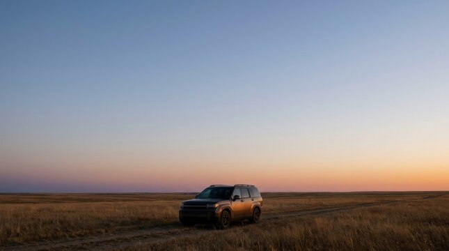 SUV driving on a vast grassland road at sunset, nomadic freedom
