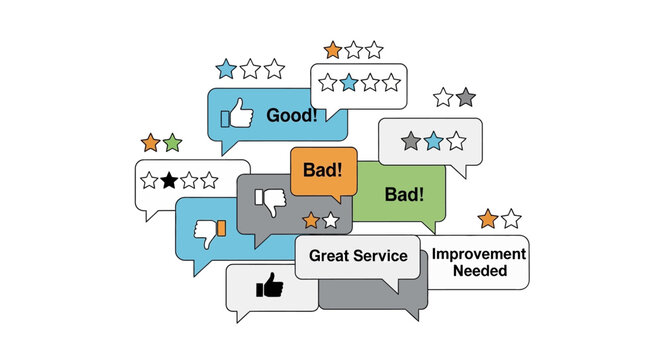 Colorful speech bubbles with ratings.
