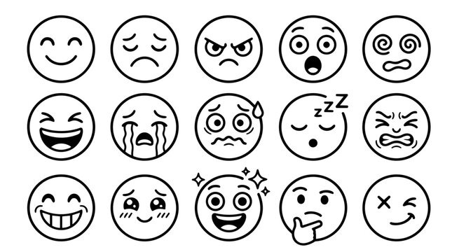 Collection of line art emoji faces expressing various emotions